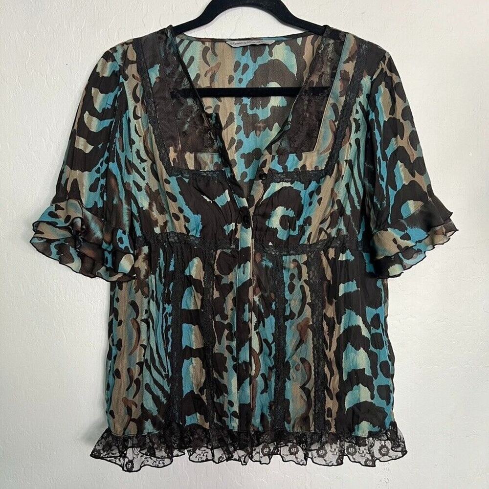 Larry Levine Blouse Womens Lace PM Turquoise Brown Button Front Ruffled Pattern